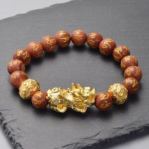 Feng Shui Sandstone Carved Beaded Pi Xiu Stretch Charm Bracelet